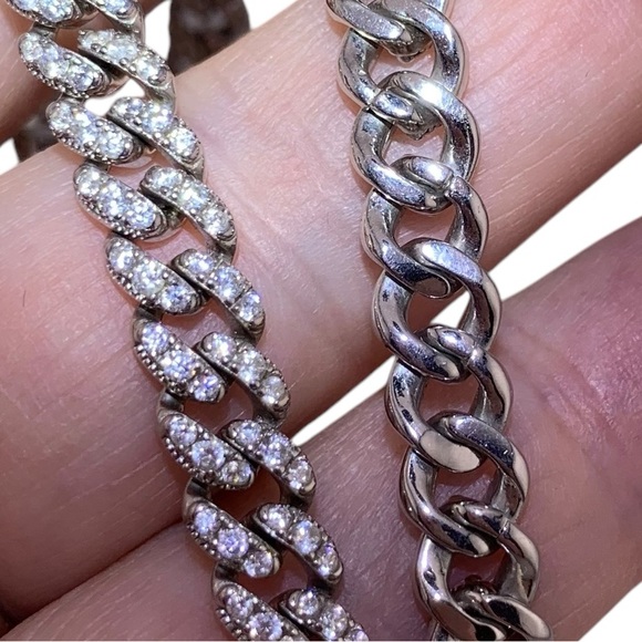 BSI 925 Sterling Reversible Rhinestone Polished Curb Chain Choker Necklace 17" - Picture 4 of 16